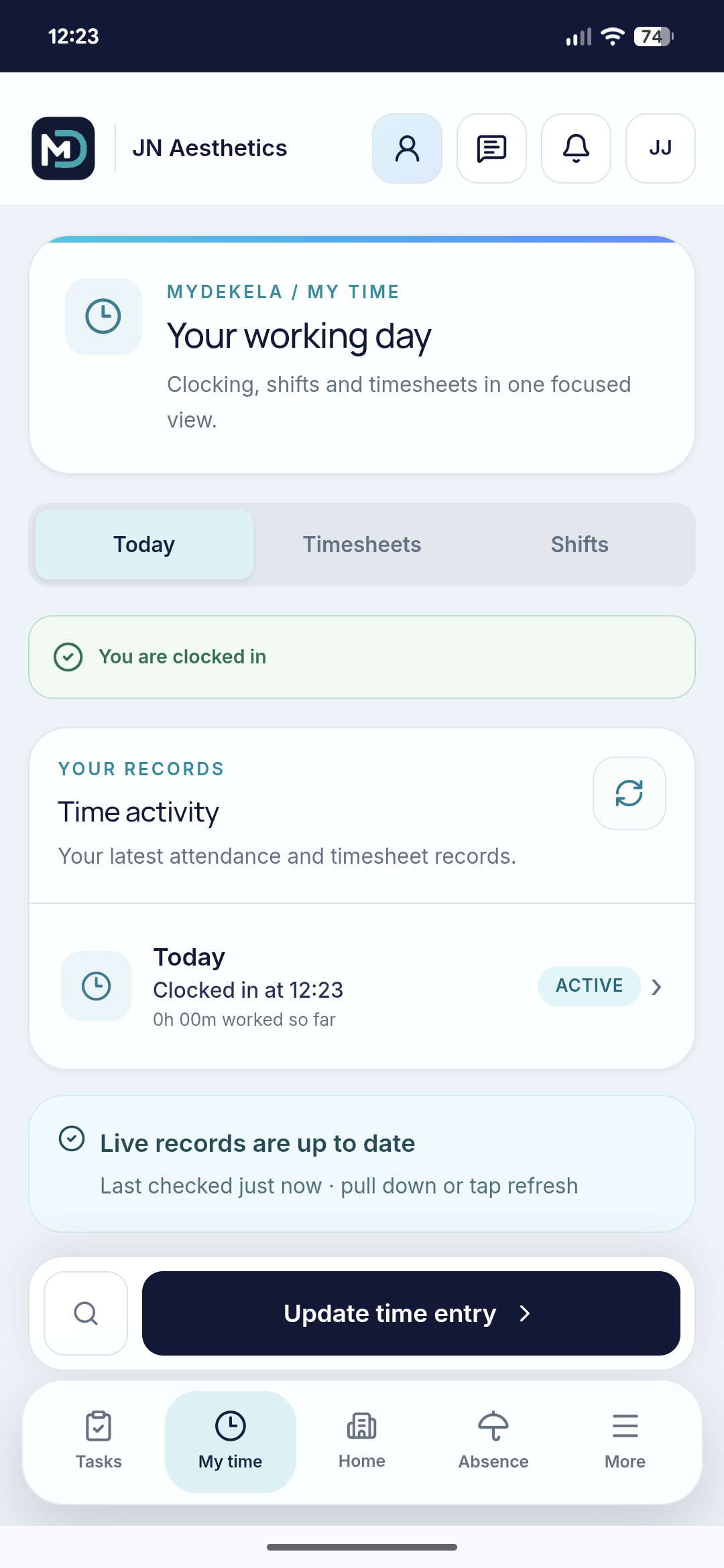 MyDekela mobile My Time screen showing an employee clocked in and their active time record